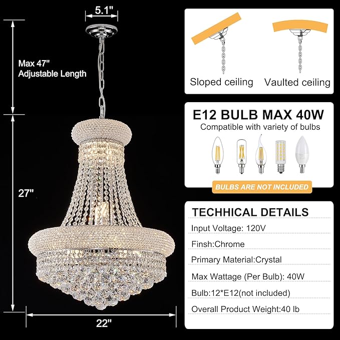 12 - Light Unique Empire Crystal Chandelier for Foyer Entrance Living Room Dining Room Bedroom Entryway Chrome Finish-HomvellaHome