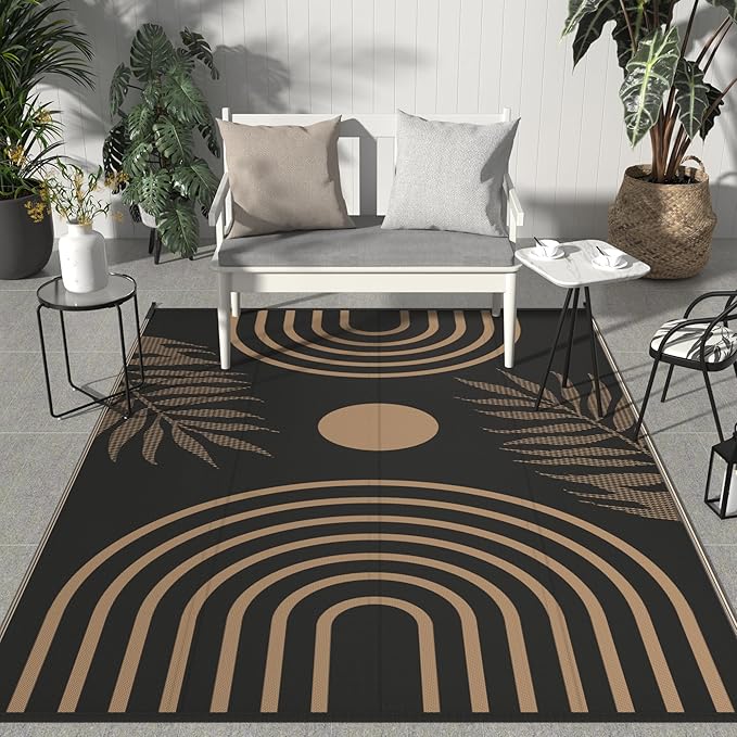 GENIMO Outdoor Rug 5' x 8' Waterproof for Patio Clearance, Reversible Plastic Straw Camping Carpet, Lightweight Rugs Mats for Rv, Backyard, Deck, Porch, Picnic, Balcony, Mix-Black & Brown-HomvellaHome