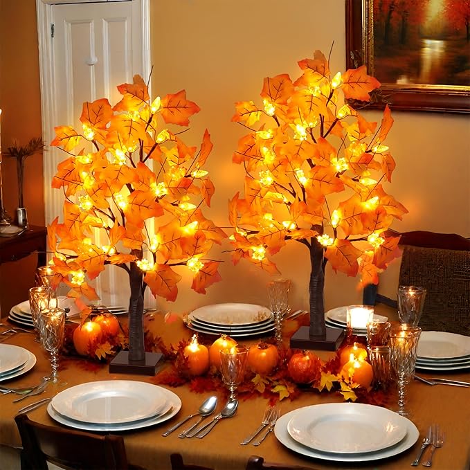 2 Pack 24 Inch Prelit Fall Maple Tree Fall Decor with 48 LEDs Timer Battery Operated Artificial Fall Light Up Tree Maple Acorn for Fall Thanksgiving Decorations Table Home Office Indoor Autumn Harvest-HomvellaHome