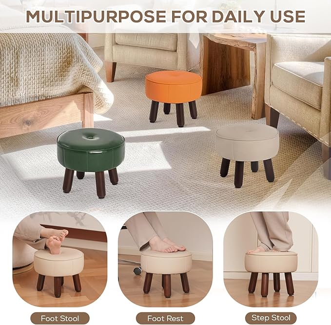13in Small Foot Stool Ottoman, Round Faux Leather Foot Rest for Couch, Under Desk Pouf Footstool Footrest with Non-Skid Rubber Legs for Ling Room, Bedroom, 13''L x 13''W x 10.2''H, Beige-HomvellaHome
