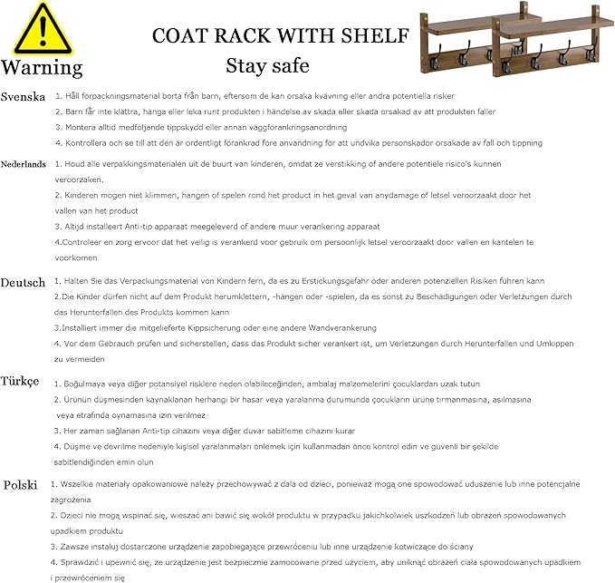 2 Pack Coat Rack Wall Mount, Bamboo Coat Hook with Storage Shelf, Coat Hanger with 8 Dual Hooks, Wall Floating Shelf for Entryway Hallway Kitchen, Bathroom, Bedroom (White+Slive)-HomvellaHome