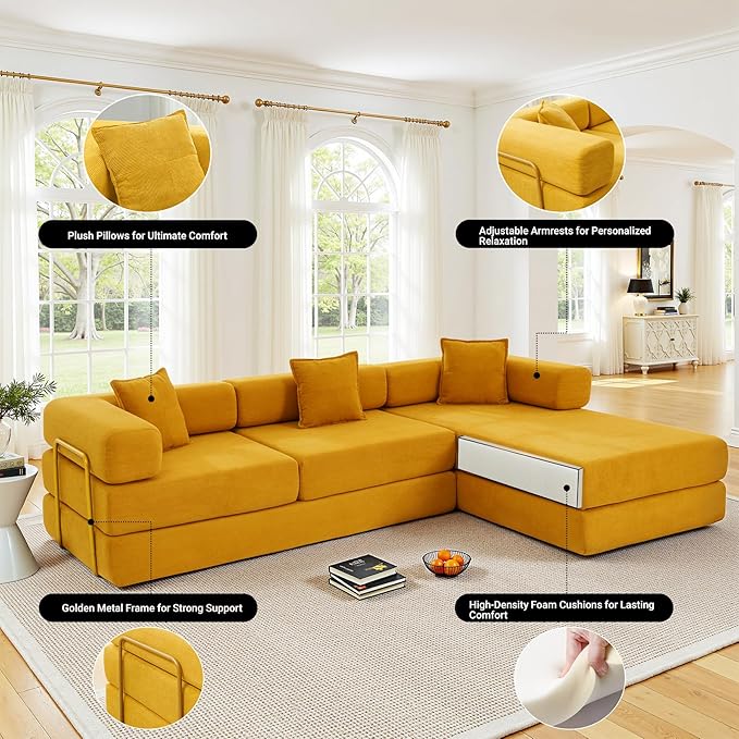 108" Oversized Convertible Sleeper Sofa Bed, Corduroy L Shape Sectional Couch, Folding Sofa Bed with Side Pocket, Modern Cloud Floor Mattress Couch, Modular Sofa for Living Room, Yellow-HomvellaHome
