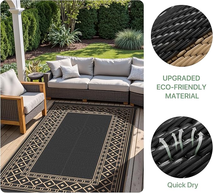 GENIMO Outdoor Rug Waterproof 6'x9' for Patio, Foldable Reversible Plastic Straw Carpet for Travel Trailers, Outside Area Mat for Rv, Deck, Picnic, Porch, Camper, Balcony, Beach, Black & Brown-HomvellaHome