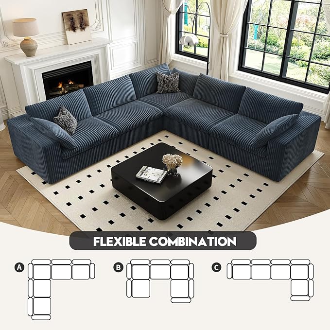 118" Cloud Couch Oversized Modular Sectional Sofa for Living Room,Modern Sofa with Deep Seat，V Shaped Boneless Couch,Comfy Upholstered Corduroy Couches for Apartment, Studio, Office,Bedroom，Blue-HomvellaHome