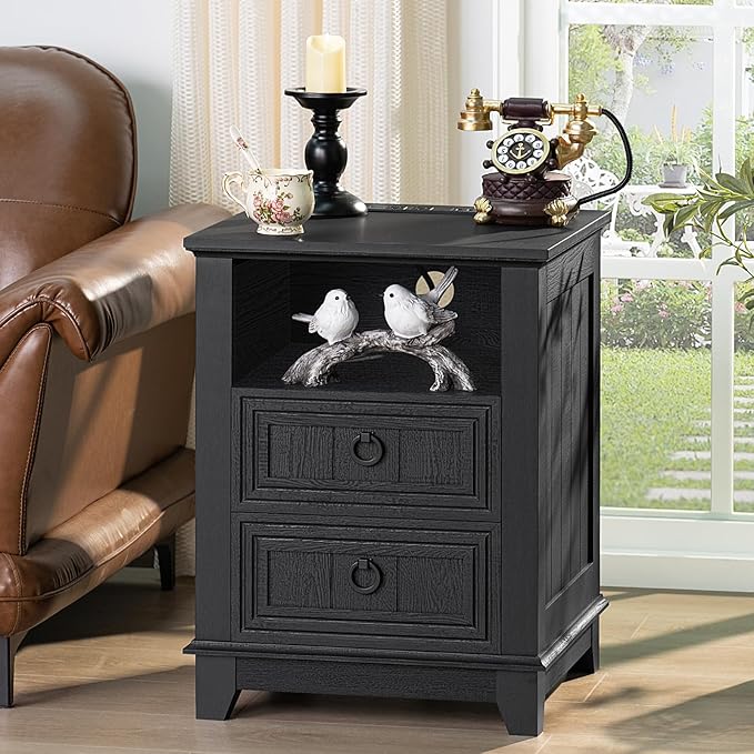 18" Farmhouse Night Stand with Charging Station, 2 Drawers End Table Dresser for Bedroom, Black Wooden Nightstand, Bed Side Table with Open Shelf, Bedside Cabinet for Living Room, Closet-HomvellaHome