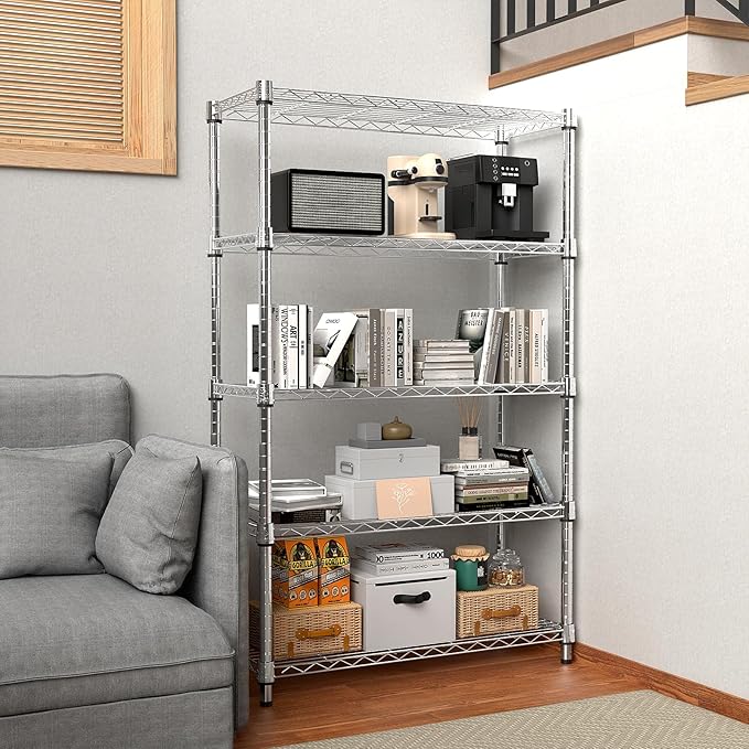 1250 lbs Steel Heavy Duty 5-Tier Utility Shelving Unit Steel Organizer Wire Rack for Home,Kitchen,Office,Chrome (13.7" D x 23.6" W x 62.4" H)-HomvellaHome