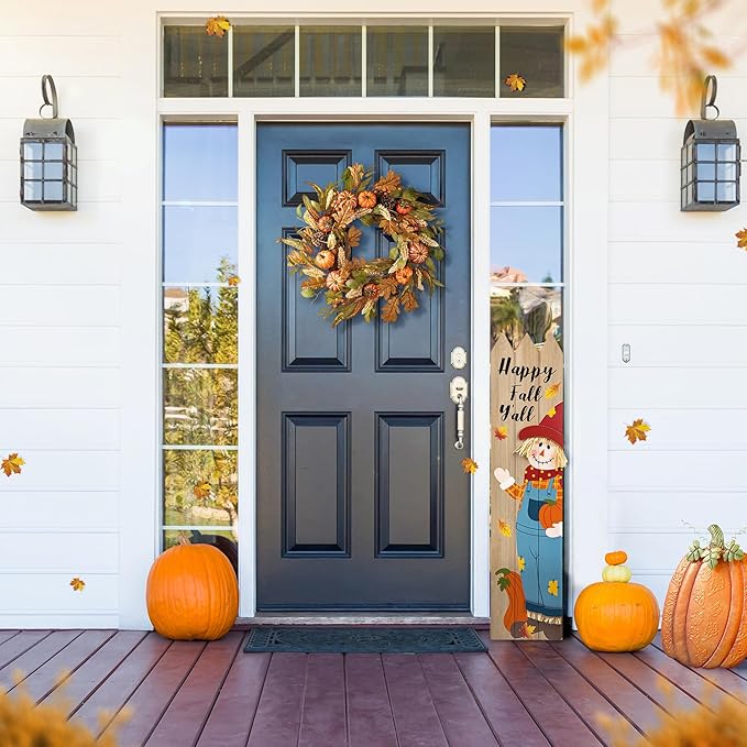 Glitzhome 24''D Fall Pumpkin Leaf Floral Wreath Decor, Artificial Harvest Door Wreath for Autumn or Thanksgiving Decoration-HomvellaHome