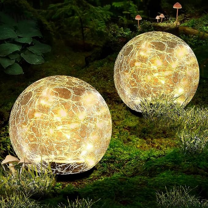 Garden Solar Ball Lights Outdoor Waterproof, 50 LED Cracked Glass Globe Solar Power Ground Lights for Path Yard Patio Lawn, Christmas Decoration Landscape Warm White(2 Pack 4.7'')-HomvellaHome