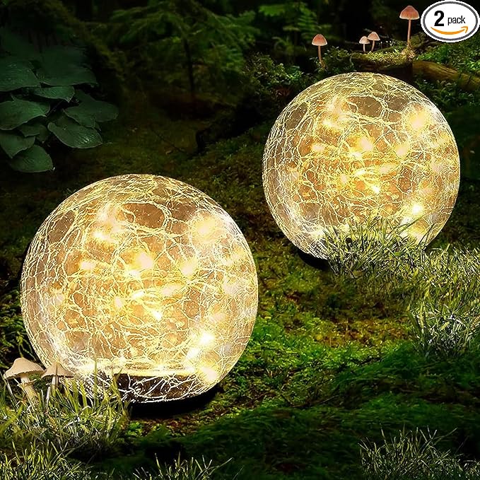 Garden Solar Ball Lights Outdoor Waterproof, 80 LED Cracked Glass Globe Solar Power Ground Lights for Path Yard Patio Lawn, Christmas Decoration Landscape Warm White(2 Pack 5.9'')-HomvellaHome