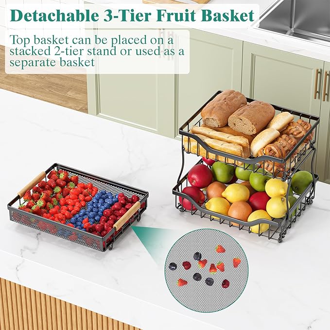 Giwil 3 Tier Countertop Fruit Mesh Basket for Kitchen, Vegetable Storage Bread Fruit Bowl Stand with 2 Banana Hooks, Wall Mounted Metal Wire Basket Organizer for Potato Onion, Black-HomvellaHome