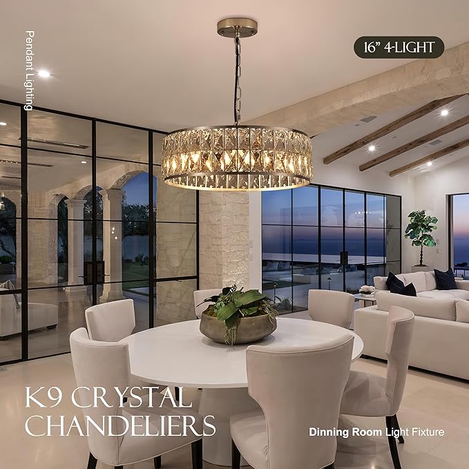 16” 4-Light Modern Crystal Chandeliers Nickel Dinning Room Light Fixture, Round Pendant Light Kitchen Island Chandelier, Flush Mount Ceiling Light for Living Room Entryway Bedroom Foyer-HomvellaHome