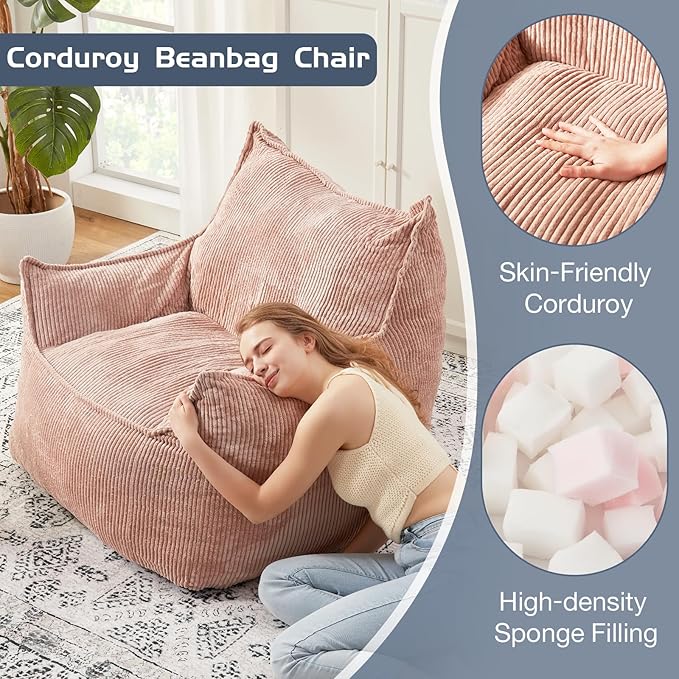 Giant Bean Bag Chair Sofa for Adults Teens, Comfy Corduroy Large Bean Bag Chairs with Armrests for Bedroom Living Room, Adult BeanBag Lazy Sofa Couch Chairs with Filler Included-HomvellaHome