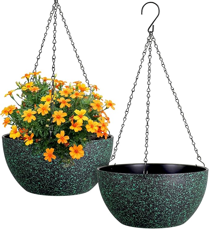 12 inch Large Hanging Planters for Indoor Outdoor Plants, 2 Pack Hanging Flower Pots with Drainage Holes and Chain, Plastic Hanging Baskets for House Plants, Black with Green Speckles-HomvellaHome