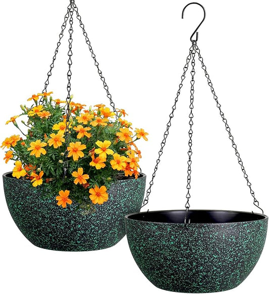 12 inch Large Hanging Planters for Indoor Outdoor Plants, 2 Pack Hanging Flower Pots with Drainage Holes and Chain, Plastic Hanging Baskets for House Plants, Black with Green Speckles-HomvellaHome