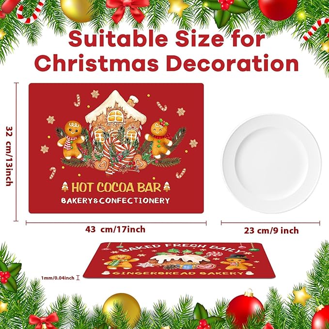 Gingerbread Christmas Placemats Set of 6 Gingerbread Candy Plastic Table Mats Hot Cocoa Place Mats Xmas Gnome Tree Washable Table Decoration for Indoor Outdoor Party Kitchen Dining-HomvellaHome