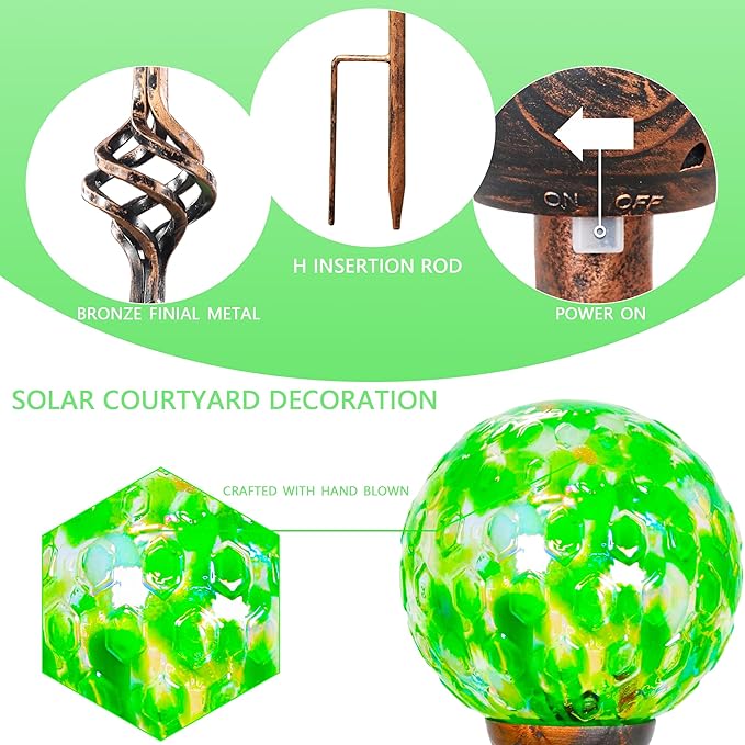 Garden Solar Lights, Decorative LED Honeycomb Glass Ball Garden Stake, Glass and Metal Outdoor Decoration, 4 x 31 Inch (Green)-HomvellaHome