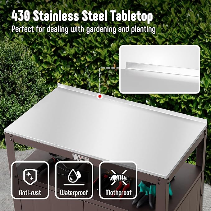 Garden Potting Bench with Storage Cabinet,Outdoor Gardening Table & Work Bench for Plants, Horticulture,Outdoor Workstation with Stainless Steel Tabletop,Outdoor Work Table-HomvellaHome