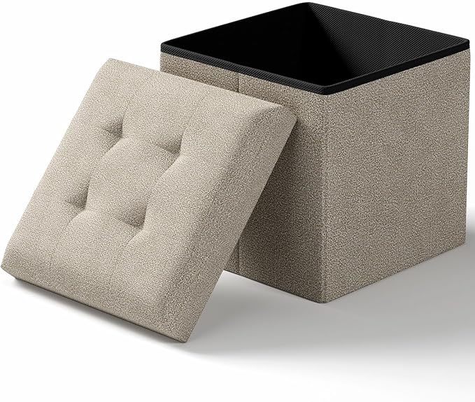 15 Inches Small Folding Storage Ottoman Cube, Storage Footrest, Foot Rest Stool, for Living Room, Bedroom, Dorm, Hallway, Entryway, Sandy Beige-HomvellaHome