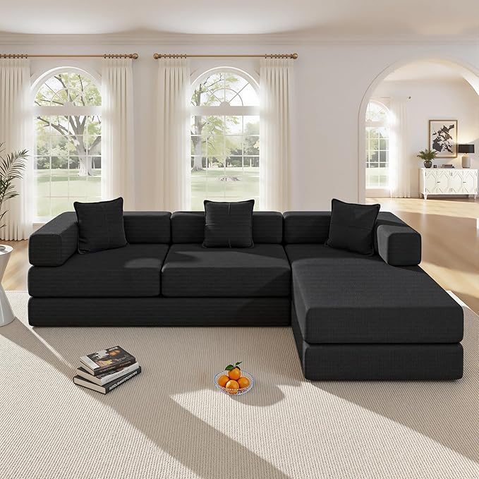 108" Oversized Convertible Sleeper Sofa Bed, Corduroy L Shape Sectional Couch, Folding Sofa Bed with Side Pocket, Modern Cloud Floor Mattress Couch, Modular Sofa for Living Room, Black-HomvellaHome