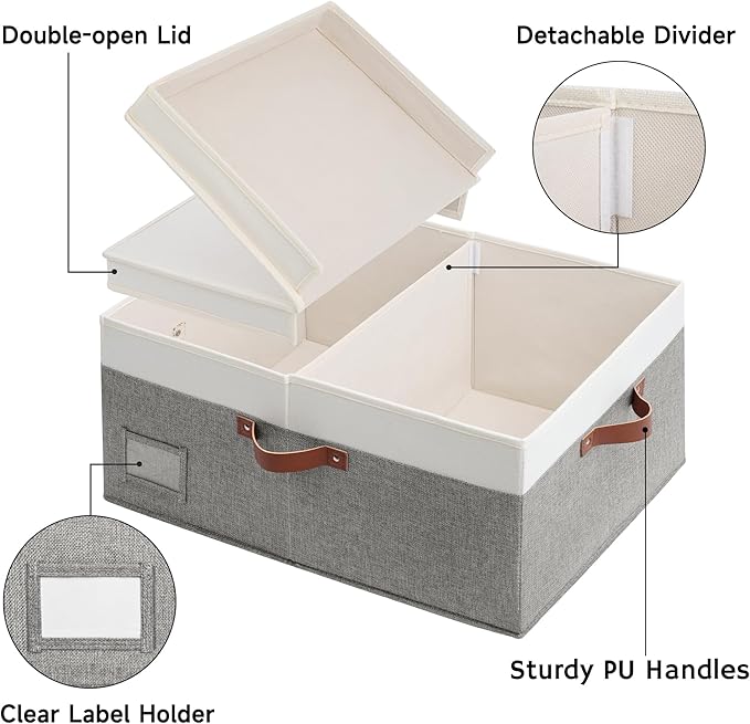 GRANNY SAYS Decorative Storage Boxes with Lid, Large Storage Bins with Double-Open Lid and Divider, Fabric Storage Bins for Clothes, Linen Storage Bins, 63L Closet Storage Bins, White&Gray-HomvellaHome