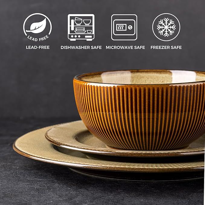 GBHOME Ceramic Dinnerware Sets,12 pcs Embossed Elegant Stoneware Plates and Bowls Sets, Housewarming Wedding Gift | Dishwasher & Microwave Safe | Dishes Set Service for 4-HomvellaHome