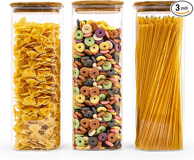 Glass Pasta Storage Jars Square 73oz, 3 Pack Glass Jars With Bamboo Lids, Tall Kitchen Storage Containers For Pasta, Storage For Pantry Organizers-HomvellaHome