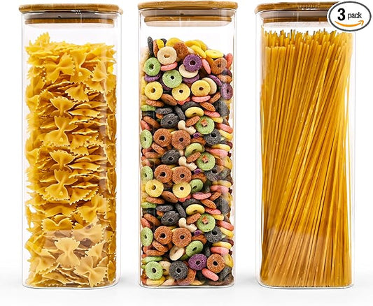 Glass Pasta Storage Jars Square 73oz, 3 Pack Glass Jars With Bamboo Lids, Tall Kitchen Storage Containers For Pasta, Storage For Pantry Organizers-HomvellaHome