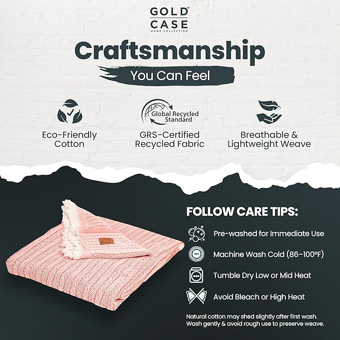 Gold Case Throw Blanket for Couch – 100% Recycled Turkish Cotton Blankets & Throws – Elegant Decorative Throw Blankets for Living Room Sofa – Woven Throws for Couch – Vintage Orange – 60x80-HomvellaHome