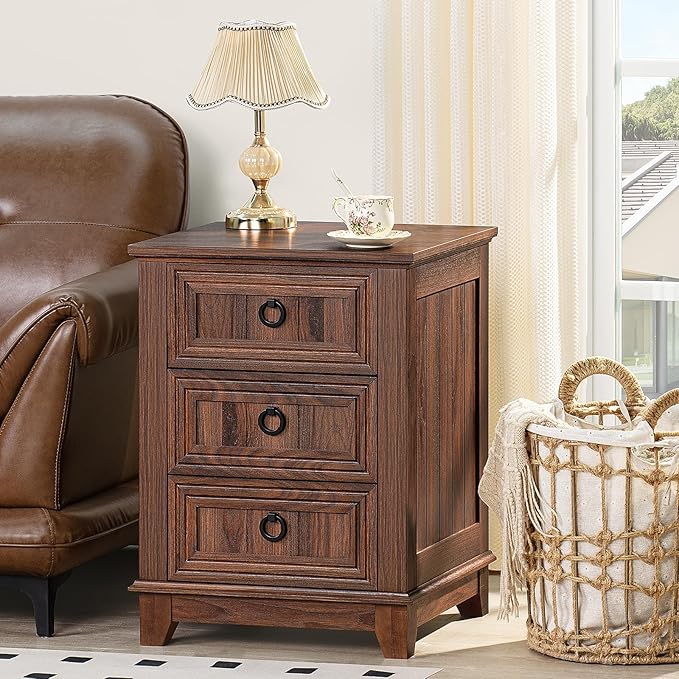 18" Farmhouse Night Stand with 3 Drawers, Wood End Table Dresser for Bedroom, Retro Nightstand, Bed Side Table with Metal Handle, Bedside Cabinet for Bedroom Living Room, Closet-HomvellaHome