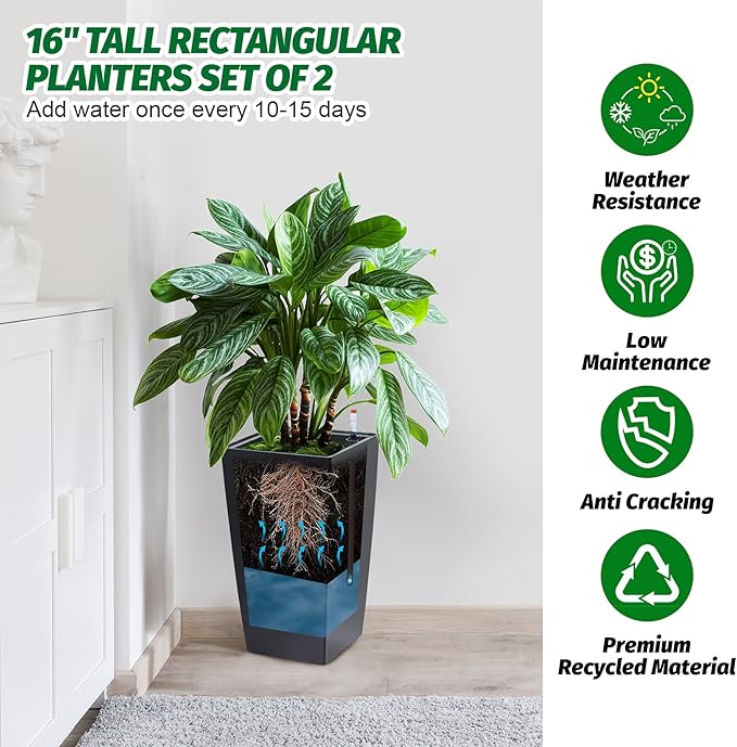 16" Tall Planters Set of 2, Outdoor＆Indoor Black Planter Pots, High Front Porch Planter Pots with Drainage Holes＆Water Level Monitor＆Inner Bucket, Automatic Watering,Black-HomvellaHome
