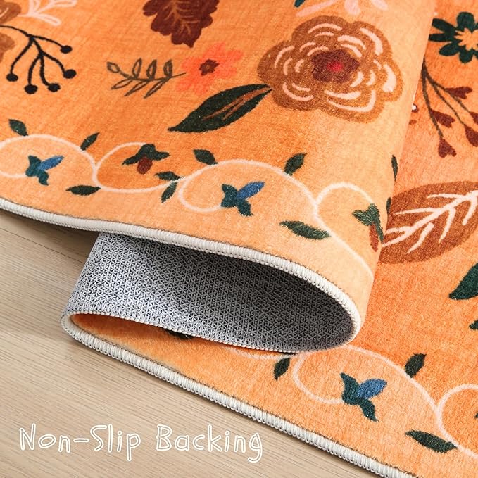 Living Room Rug 5x7 Rug Machine Washable Boho Area Rug Non Slip Floral Vintage Low Pile Large Rugs for Living Room, Bedroom, Farmhouse, Dining Room, Kids Playroom(Yellow)-HomvellaHome