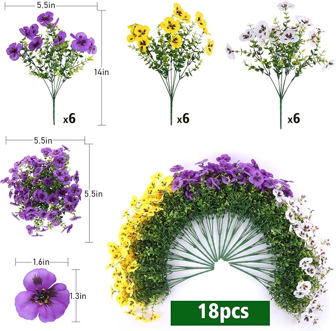 18 Bundles Artificial Fake Pansy Flowers for Outdoor, Faux UV Resistant Silk Pansies Flowers for Outside Planter Front Door Porch Yard Patio Window Box Home Decor (18, Purple, Yellow, White)-HomvellaHome