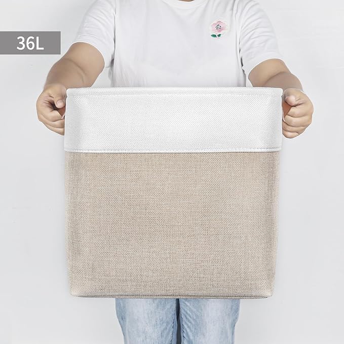 13x13 Cube Storage Bins, Collapsible Fabric Storage Box, 4 Pack Closet Baskets with Handles for Organizing, Shelf, Toys, Clothes, Home, Office, Nursery (Beige&White)-HomvellaHome