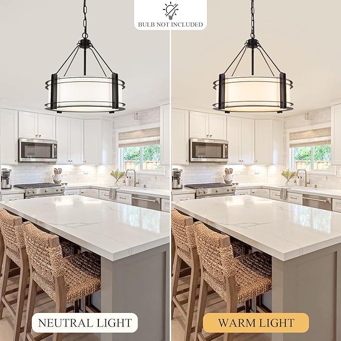 16.3''Black Drum Chandelier 3-Light Modern Farmhouse Chandelier with White Fabric Shade Adjustable Drum Pendant Light Fixture for Dining Room Kitchen Island Hallway Living Bedroom-HomvellaHome