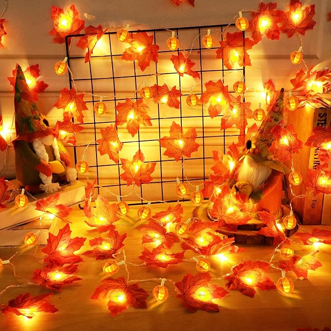 2 Pack Fall Garland with Pumpkin Lights Halloween Decorations Indoor 60 LED 20 Ft Enlarged Maples Leaves Fall Lights Battery Operated Halloween Garland Thanksgiving Decor Home Indoor Outdoor Christmas-HomvellaHome