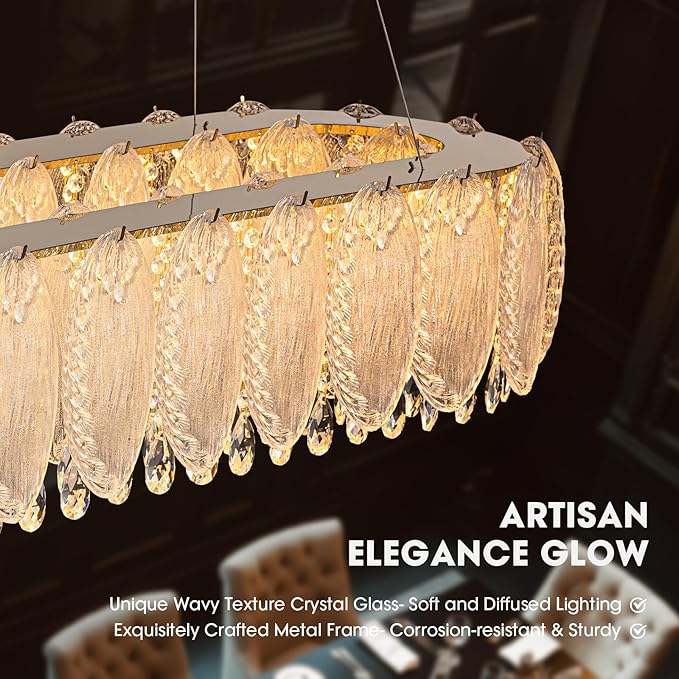Gold Rectangle Modern Chandeliers for Dining Room Light Fixture, Water Ripple Crystal Glass LED Chandelier for Kitchen Island Bar Living Room, 2700K-6000K-HomvellaHome