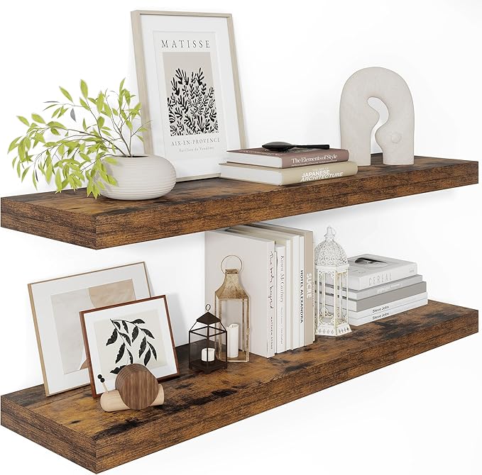 12" Deep Floating Shelves for Wall 36 Inches Long, Heavy Duty Wall Shelves for Bedroom Bathroom Kitchen Laundry Room, Farmhouse Rustic Shelves for Home Decor, 36" X 12" X 2" Set Of 2, Rustic Brown-HomvellaHome