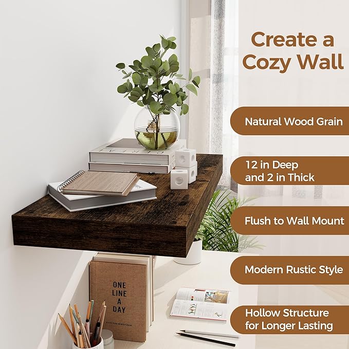 12 Inch Deep Floating Shelves, 24 x 12 Floating Shelf for Books, Rustic Wood Deep Wall Shelves for Home Storage & Display, 2" Thicked Shelves for Kitchen, Living Room, Bedroom, Rustic Brown, 2 Pack-HomvellaHome