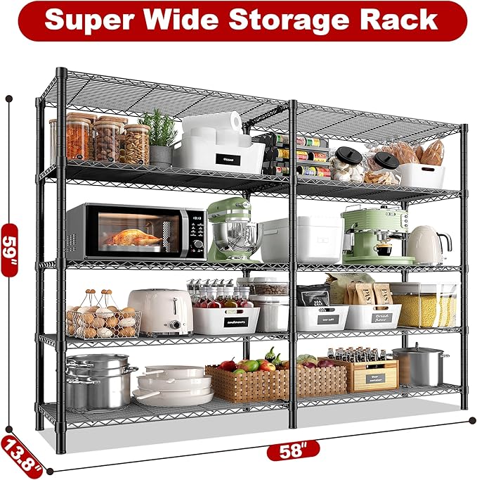 REIBII 5 Tier Wire Shelving Storage Shelves Loads 1430LBS, 58" W Metal Shelving for Storage Adjustable Shelving Unit Heavy Duty Garage Shelves Pantry Shelves Kitchen, Black-HomvellaHome