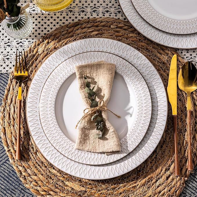 GBHOME Ceramic Dinnerware Sets,18 pcs Embossed Elegant Stoneware Plates and Bowls Sets, Housewarming Wedding Gift | Dishwasher & Microwave Safe | Dishes Set Service for 6-HomvellaHome