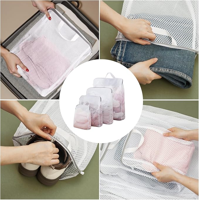 GWT 4Pcs 3D Mesh Laundry Bags with Hanging Handles (S/M/L/XL) - Durable Zippered Wash Bags for Delicates, Shoes & Bulk Clothes - Space-Saving Foldable Design-HomvellaHome