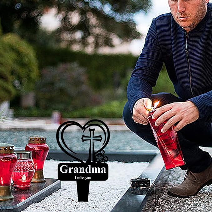 Grandma Memorial Grave Stake, Cemetery Decorations for Grave Markers 12.5 x 7.2 inch Heart Metal Sympathy Stakes Graveside Plaque Decor Sign for Grandma Graves, Yard, Garden - Black-Grandma-HomvellaHome
