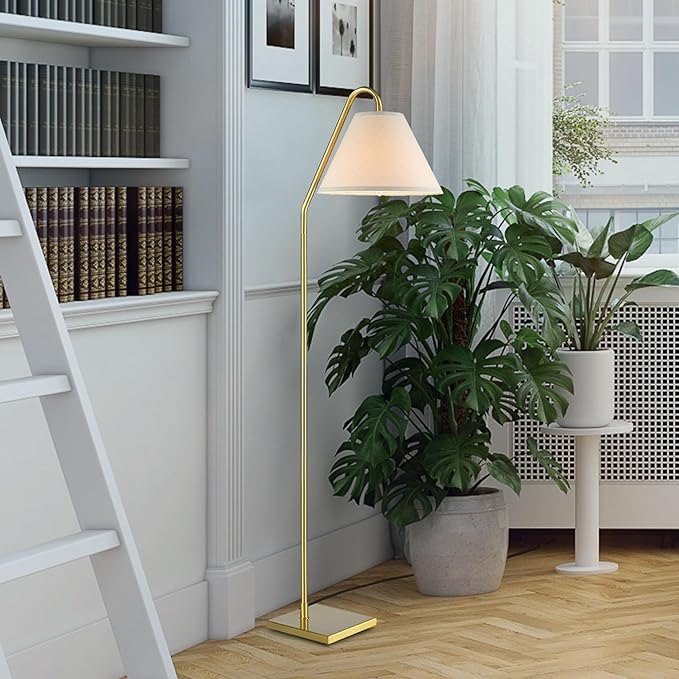 GLOBE Electric 61000147 62" Floor Lamp, Matte Brass, Beige Fabric Shade, On/Off Rotary Switch on Socket, 6-Foot Clear Cord, Reading Light, Bedroom, Living Room, Home Decor-HomvellaHome