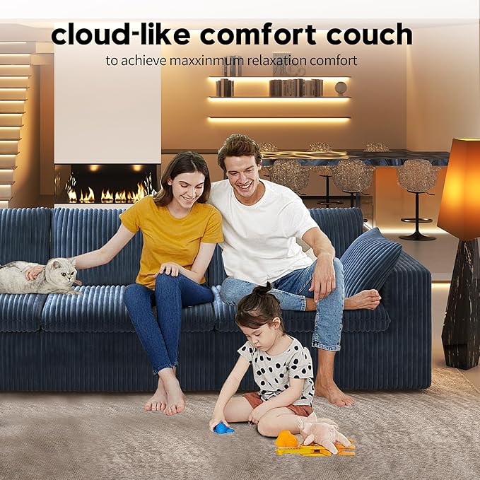 118" V Shaped Corner Modern Sofa Modular Sectional Cloud Couch,Deep Seat Upholstered Couches with Plush Corduroy Fabric for Living Room Furniture,Bedroom and Apartment,No Assembly Required,Blue-HomvellaHome