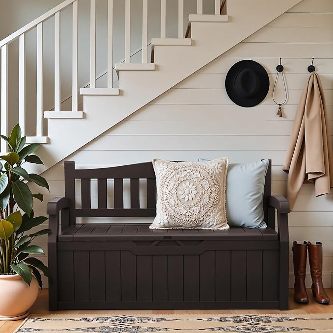 Greesum 80 Gallon Outdoor Storage Bench, Resin Patio Furniture with Armrest,Waterproof and UV-Resistant, Perfect to Garden, Poolside and Lawn, Dark Brown-HomvellaHome