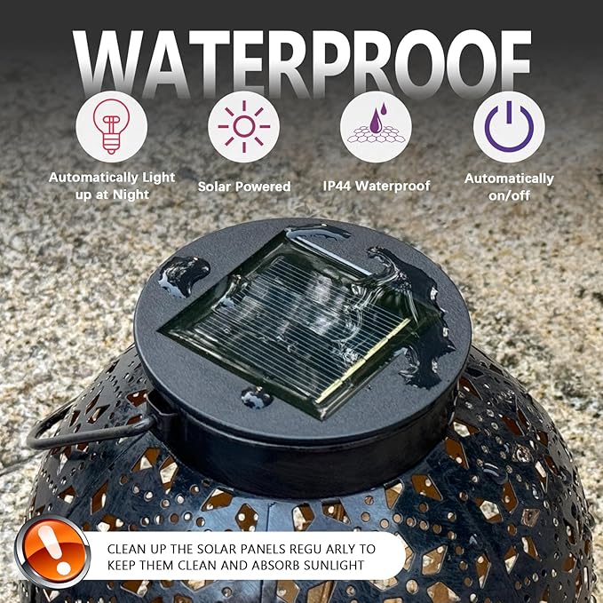 2 Pack Outdoor Solar Lantern Lights, Waterproof Tabletop LED Moroccan Lanterns, Hanging Metal Decorative Garden Lights for Patio, Lawn, Porch, Backyard-HomvellaHome