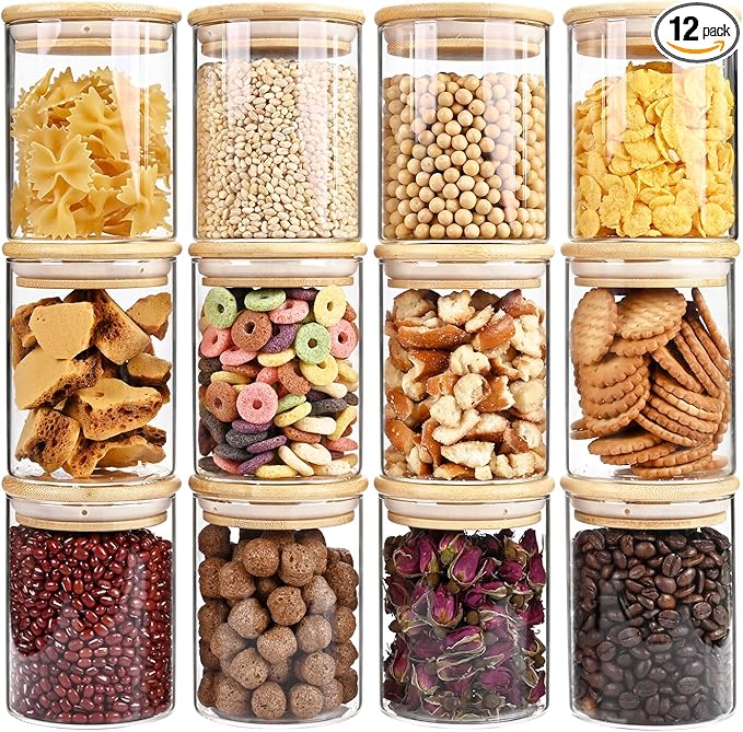 17oz Glass Food Storage Jars, Glass Jars with Bamboo Lids, Kitchen Storage Jars, Set of 12, Canisters with Airtight Lids for Spice, Coffee, Cookie, Pantry Organizers-HomvellaHome