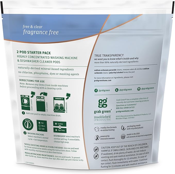 Grab Green Washing Machine Cleaner, 2 Count, Fragrance Free, Mineral Based Removes Deposits and Odors, Naturally Cleans-HomvellaHome