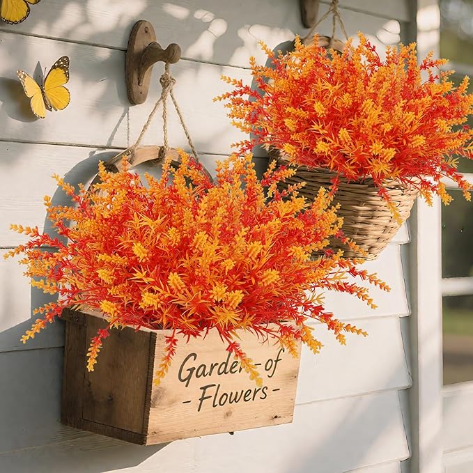 Geegoods 16 Bundles Artificial Fall Flowers Outdoor – Faux Lavender Flowers with Monkey Grass UV Resistant Plastic Faux Plants for Halloween Front Door Porch Patio Yard Balcony Decor, Orange Color-HomvellaHome