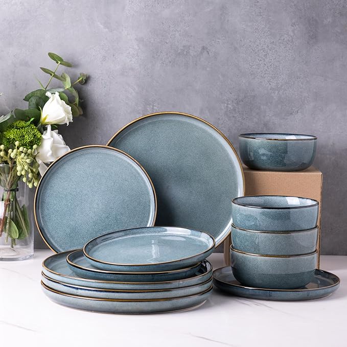 GBHOME Ceramic Dinnerware Sets for 8, 24 Pieces Stoneware Plates and Bowls Sets, Scratch Resistant Dishes, Dishwasher & Microwave Safe, Reactive Glaze-Space-HomvellaHome